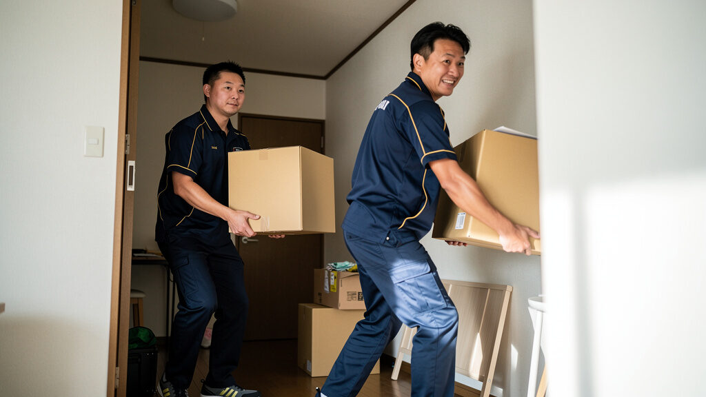 Professional movers carrying furniture down apartment stairs