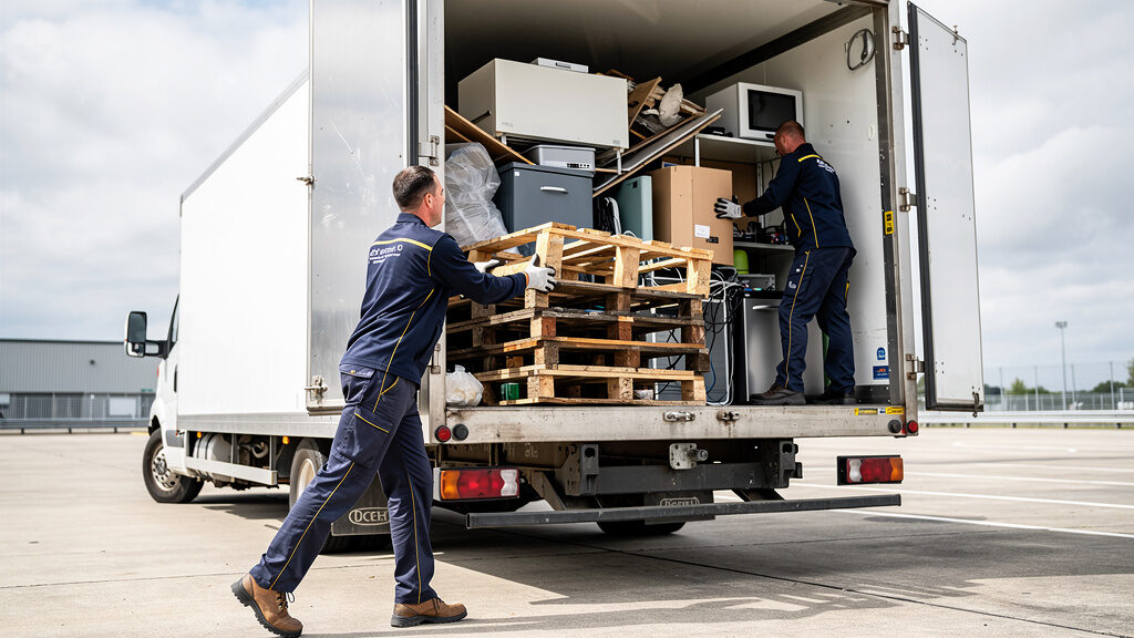 Commercial warehouse junk removal team hauling equipment from Greeley business