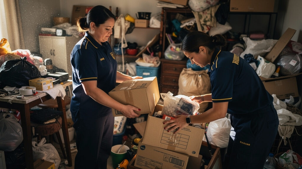 Before photo showing severely cluttered room in hoarding situation