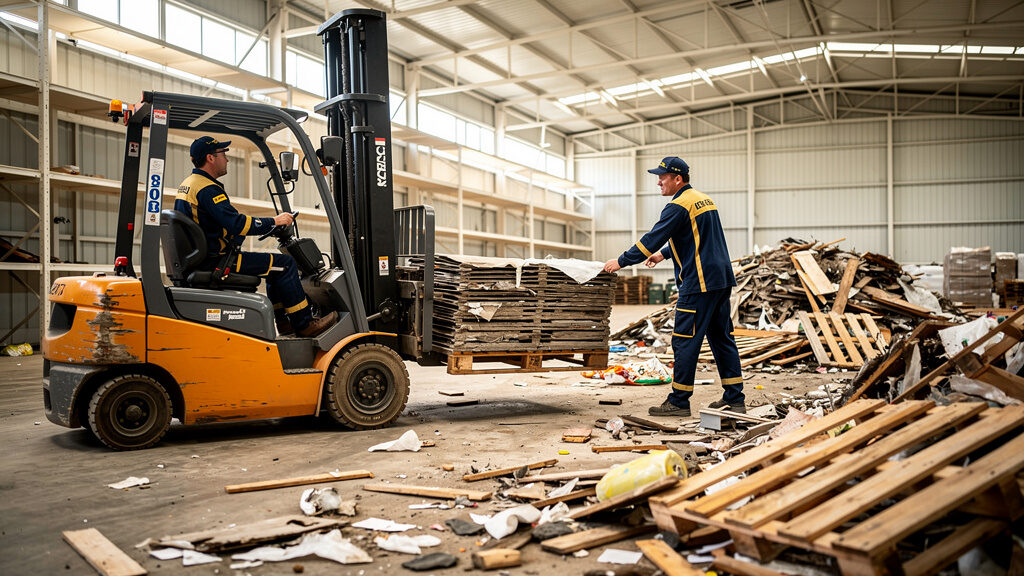 Large warehouse filled with pallets and cardboard ready for Greeley cleanout